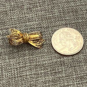 Sterling Portugal Pin Brooch VG GV Gold Ribbon Bow Scrollwork Wire Retro Vintage